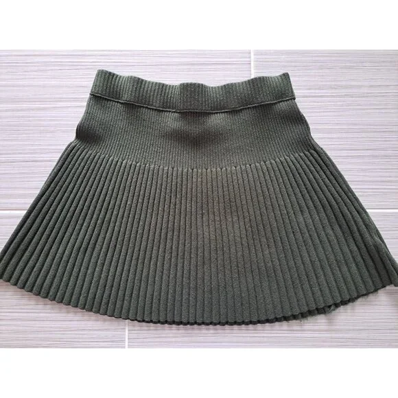 Aerie Ribbed Pleated Mini Skirt S Green Knit Stretch Wool Blend Preppy Academia - Picture 2 of 7